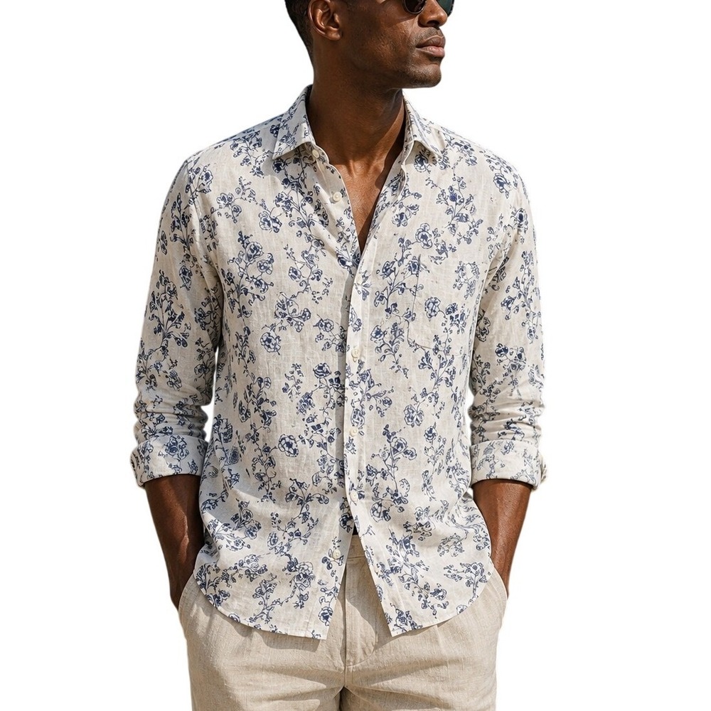 Springfield Linen Collection Floral Linen Blend Shirt Mens M Custom Fit